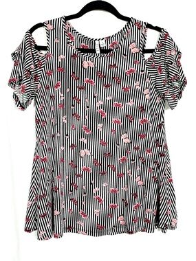 Elle Black & White Striped Cold-Shoulder Top with Pink Butterfly Print